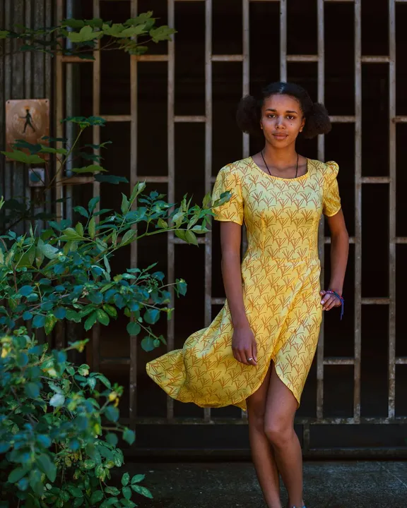Tall Grass print on a yellow silk dress