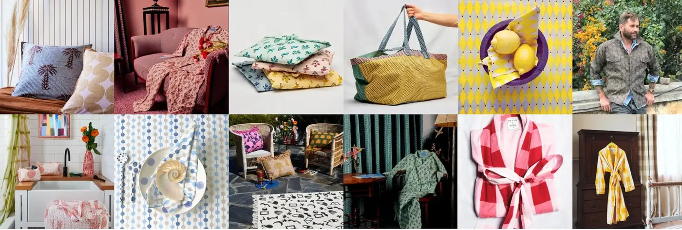 Cloth printed in Bagru for clients abroad: cushions, quilts, totes and robes.