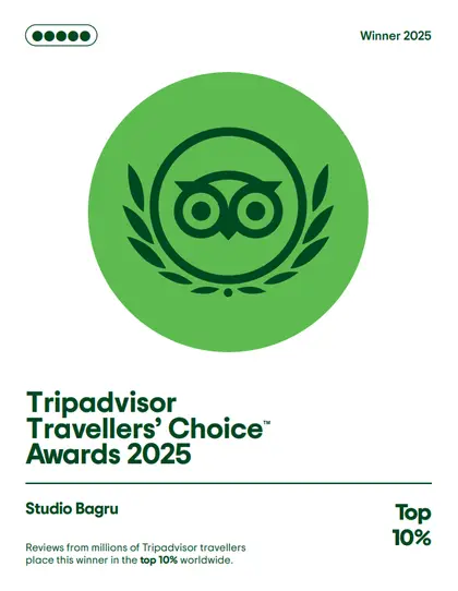 Tripadvisor Travellers’ Choice award card for Studio Bagru, winner 2025, top ten per cent